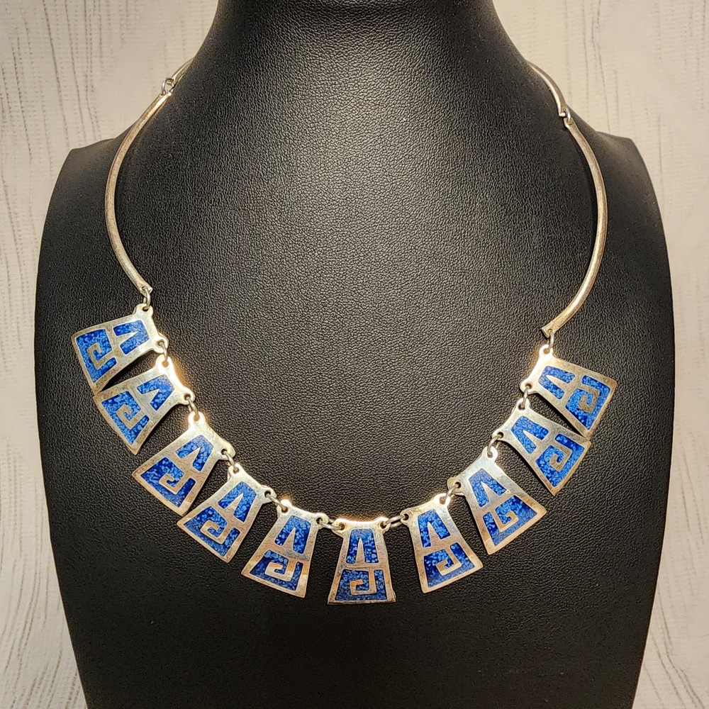 Vintage Blue Inlay Bib Necklace Southwestern Style Geometric Silver Tone